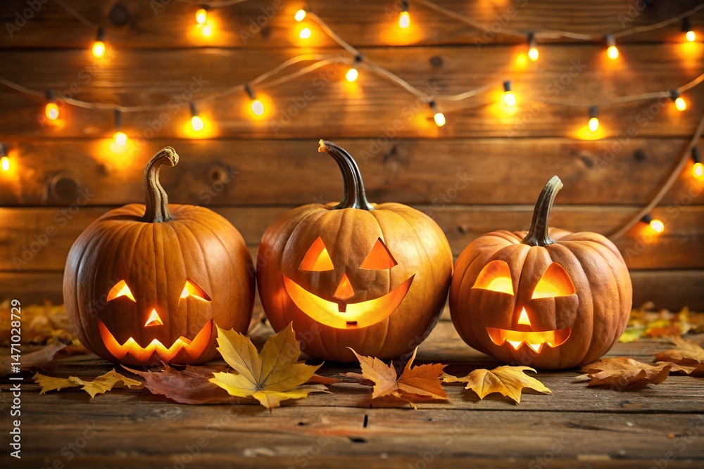 Fototapeta premium Three Lit Jack OLantern Pumpkins on Wooden Background