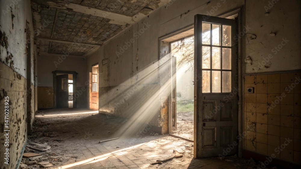 Sunlight Streaming Through Open Doorway in Abandoned Building with Dusty Floor