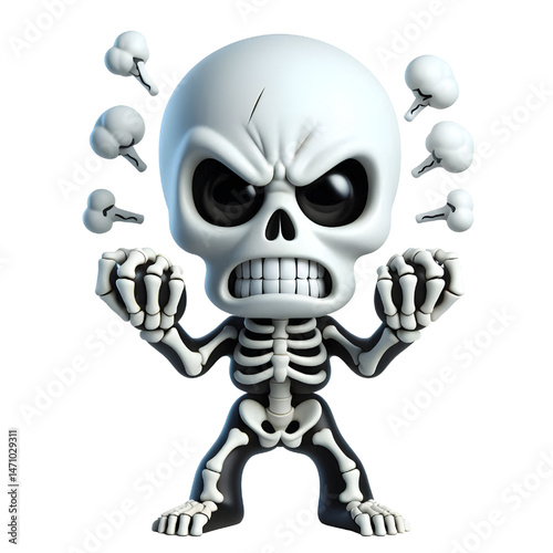 Very angry cute 3D skeleton isolated on white background