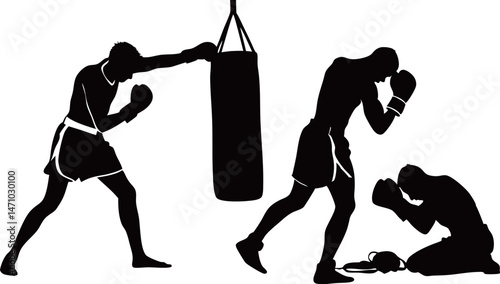 Silhouettes of three boxers: one training with a punching bag, one boxing, and one kneeling, possibly resting or in defeat.