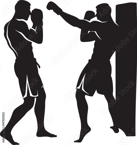 Two men boxing, one defending and one throwing a punch, depicted in a black silhouette style.