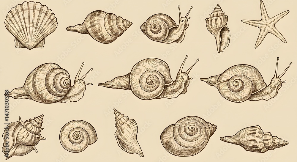 Seashells and Snails Illustration Collection Hand Drawn Style Seashells and Snails Illustration Collection Hand Drawn Style