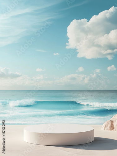 A minimalistic scene with a white circular platform placed on a ledge overlooking the serene blue ocean. The clear sky and calm water create a peaceful, expansive atmosphere.