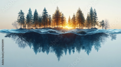 Serene landscape with trees on an island reflected in tranquil waters