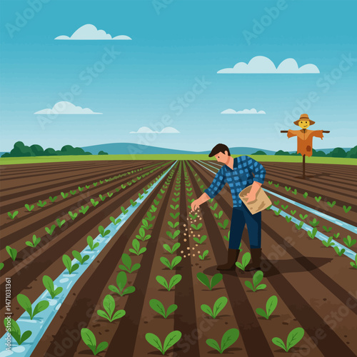 Farmer Sowing Seeds in Field with Scarecrow and Irrigation System