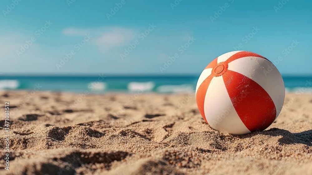Beach Ball Resting on Tan Sand with Blue Sea and Sky on Sunny Day Beach Ball Resting on Tan Sand with Blue Sea and Sky on Sunny Day