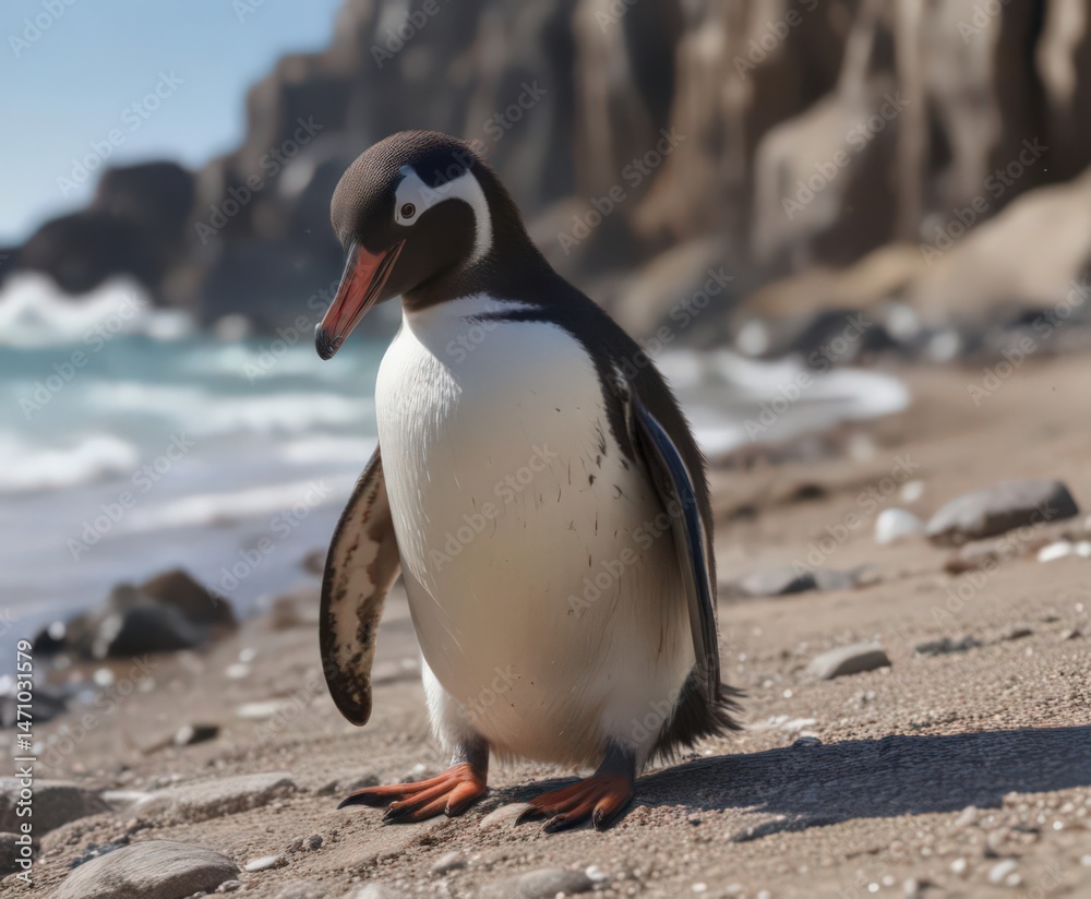Fototapeta premium Humboldt penguin preening its feathers on a rocky beach , bird, humboldt penguin
