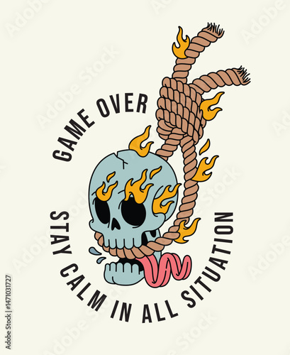 skull game over fire retro cute illustration