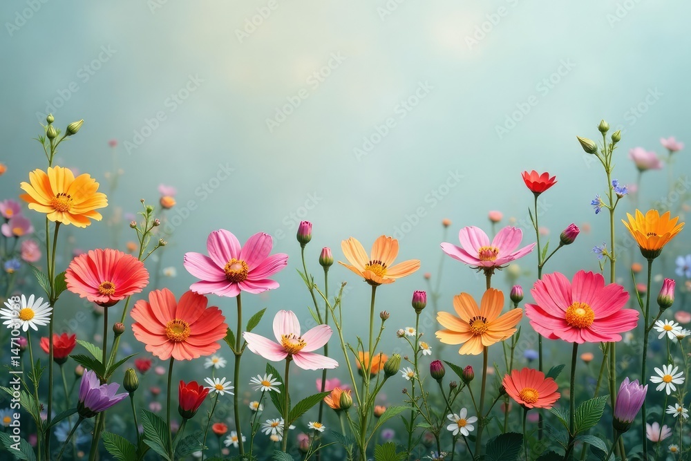 Fototapeta premium Delicate wildflowers in continuous arrangement , seamless, nature