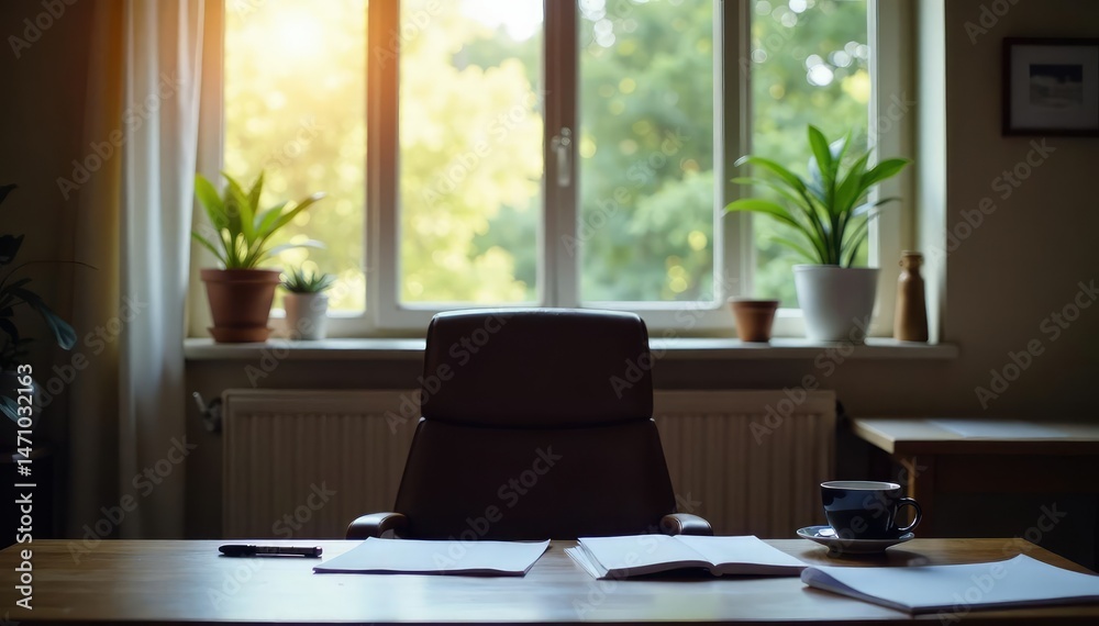 Empty chair at desk facing window, scattered papers, empty, loneliness Empty chair at desk facing window, scattered papers, empty, loneliness