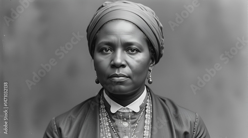Black and white portrait of Harriet Tubman standing