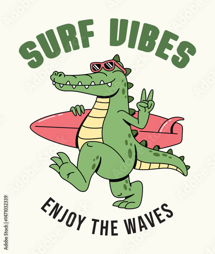 crocodile surf retro cartoon cute illustration