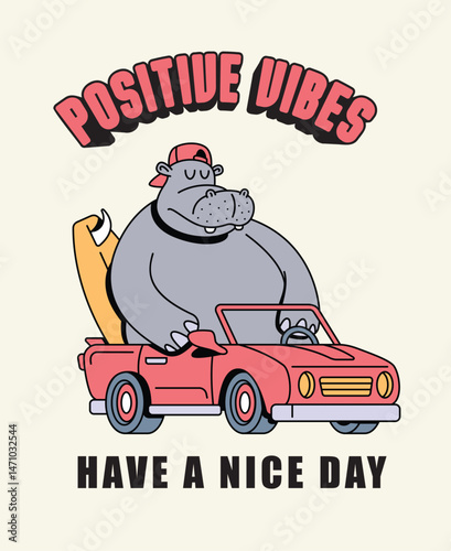 hippo driving a car retro cute illustration