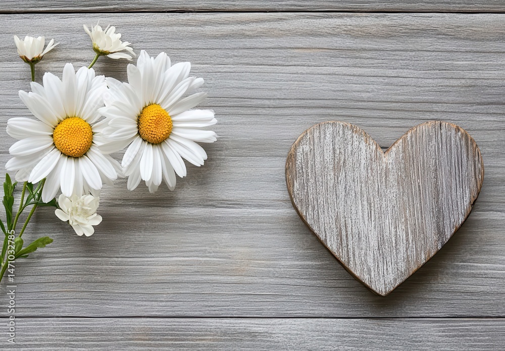 Obraz premium Delicate white daisies and a wooden heart on a gray wooden surface