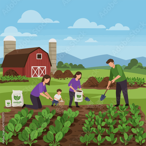 Family Gardening Together Spreading Fertilizer in Vegetable Garden at Farm