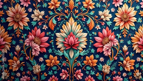 Intricate floral damask textile, repeating design, textile pattern, print, retro