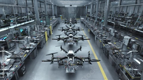 Drones in manufacturing facility demonstrating technology and production