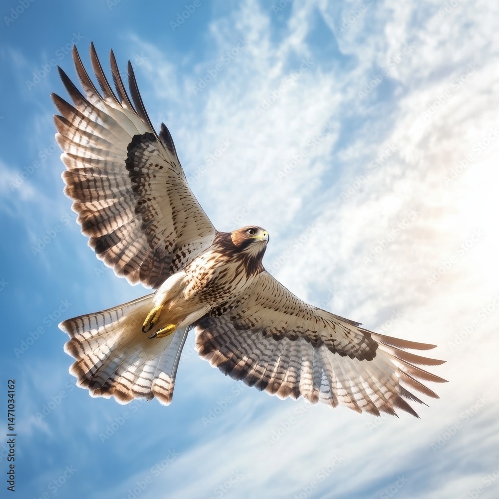 Fototapeta premium Hawk soars majestically in bright sky, wings spread wide against scattered clouds and sunlit backdrop showcasing the bird's freedom
