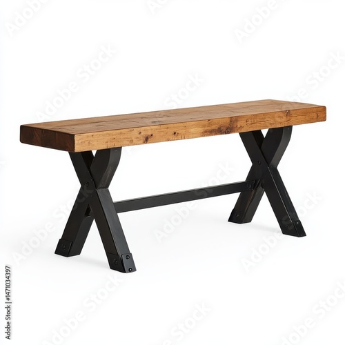 Rustic dining bench with wooden seat and sturdy metal X-shaped legs
