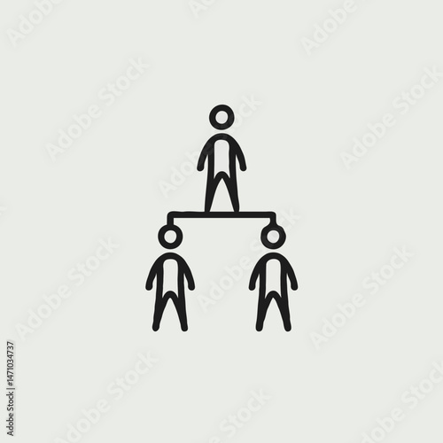 Simple black line icon showing a hierarchical structure with one figure connected above two others, symbolizing leadership, teamwork, organization, or management on a light background.