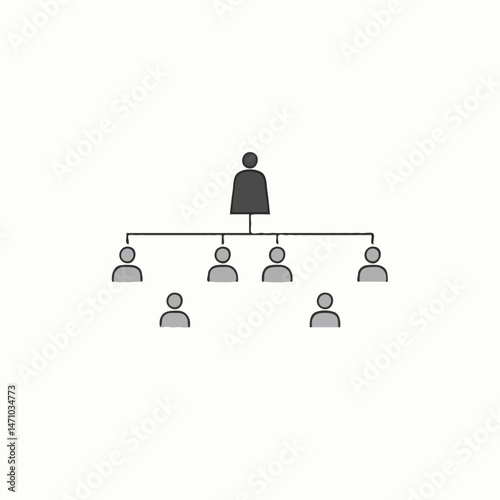 Flat icon showing a hierarchy with one dark figure at the top connected to six lighter figures below, representing leadership, organization, structure, and team management on a light background.