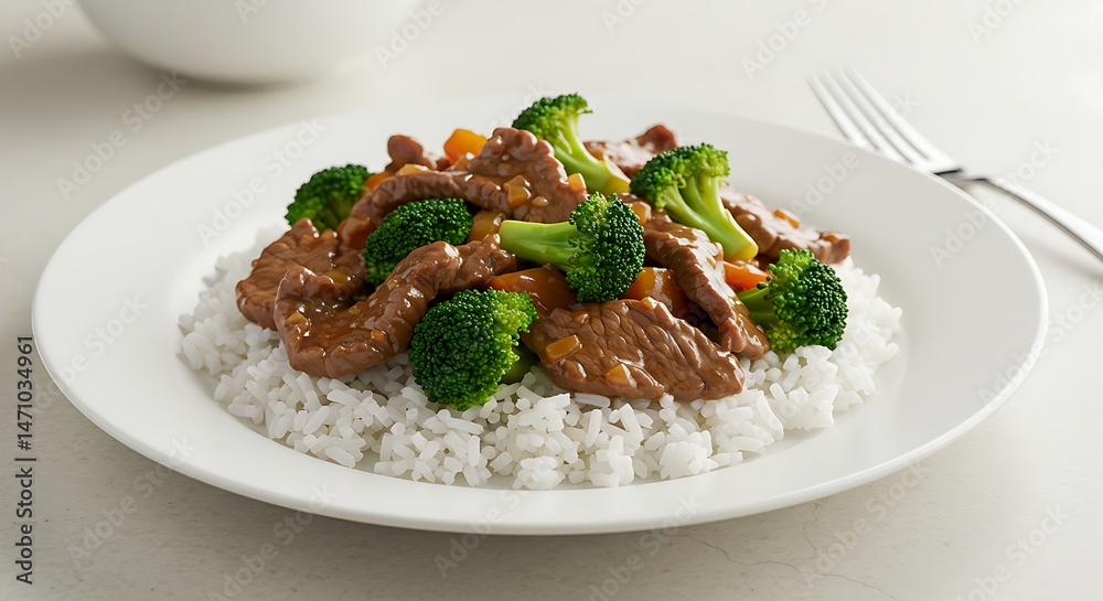 Beef and broccoli stir fry served over steamed rice on white Beef and broccoli stir fry served over steamed rice on white