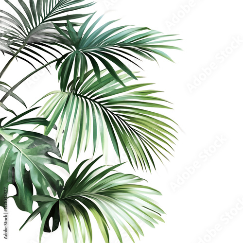 Tropical palm monstera leaves illustration on white background