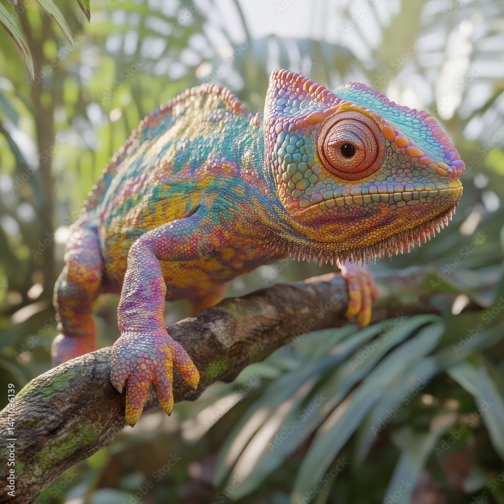 Obraz premium Colorful chameleon gripping a mossy branch in lush tropical foliage, showcasing vibrant skin textures and detailed scales
