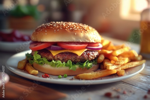 Delicious cheeseburger with fresh toppings and fries on a wooden table in a cozy setting