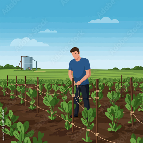 Person Tying Plants in Garden Field on Sunny Day for Support