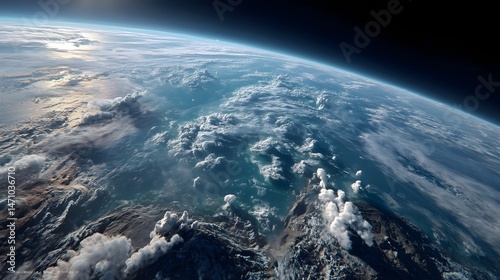 View of Earth from low orbit showcasing vibrant blue oceans and swirling clouds