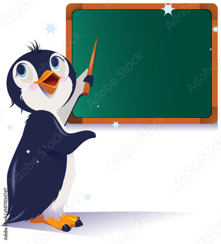 Teacher bird penguin standing with pointer near green blackboard. Vector cartoon education isolated on white
