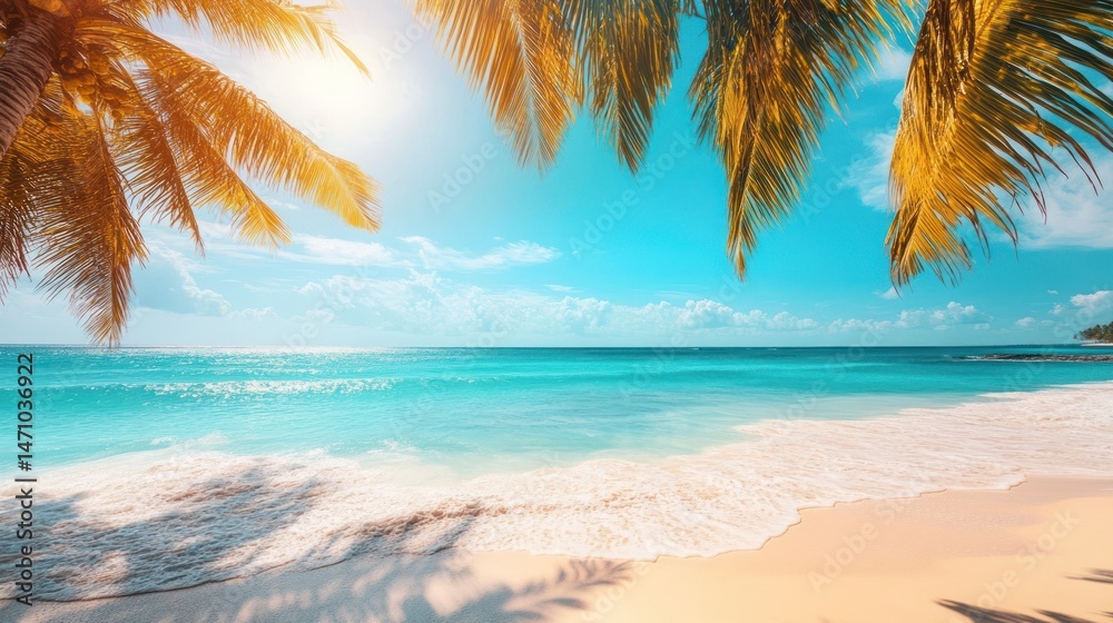 Fototapeta premium Tranquil tropical scene showcasing white sand, palm trees and blue waters