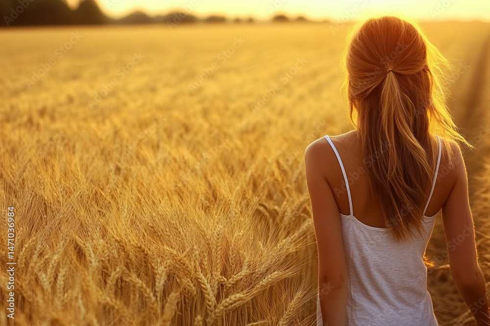 Obraz premium Woman Walking Through Golden Wheat Field at Sunset in Serene Countryside