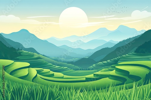 Flat design of rice paddy terrace landscape background vector illustration
