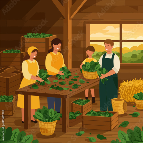 Family Harvest Fresh Spinach Together Inside Barn with Rural View