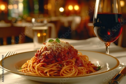 Delicious plate of spaghetti with meat sauce and cheese in a cozy restaurant setting