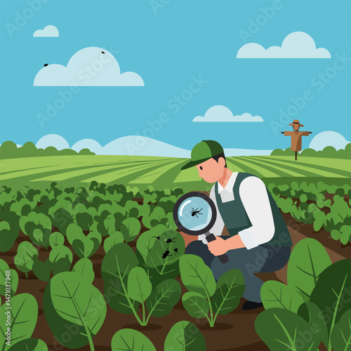 Farmer Inspecting Plants with Magnifying Glass in Field Illustration