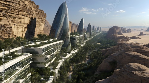 Futuristic megacity with solar panels and green surroundings flourishing in a desert landscape under a clear sky