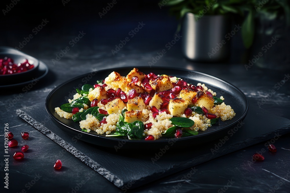 Delicious quinoa salad with grilled chicken, pomegranate seeds, and spinach on a dark table Delicious quinoa salad with grilled chicken, pomegranate seeds, and spinach on a dark table