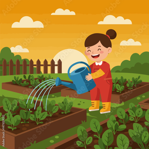 Girl Watering Vegetable Garden with Watering Can on Sunny Day