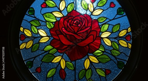 Circular stained glass art featuring a vibrant rose.