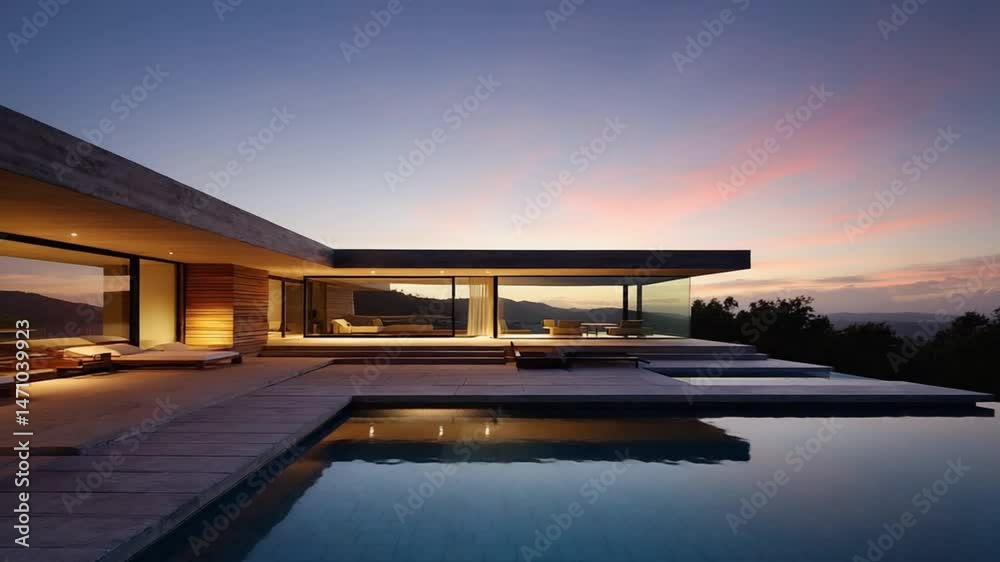 custom made wallpaper toronto digitalModern Home at Sunset with Pool Reflecting Colorful Sky