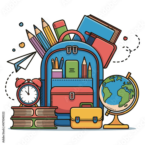 Back to school illustration vector art design shows a school building icon with a bag, representing business and travel for education