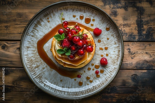 Delicious stack of pancakes topped with fresh raspberries and currants, drizzled with syrup