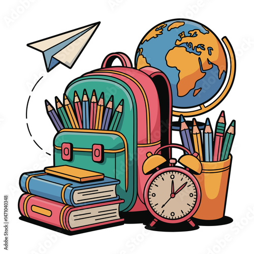Back to school concept with colorful pencils, stationery, and books on a desk