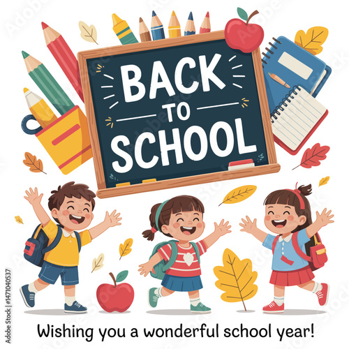 Cartoon children with school bags, a boy and girl, are ready for a fun day