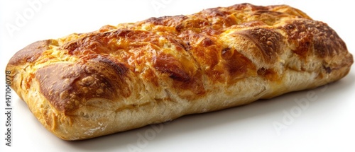A cheesy, baked bread loaf with melted cheese. photo
