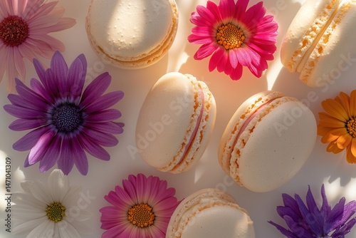 Elegant arrangement of creamy macarons surrounded by vibrant flowers in soft lighting