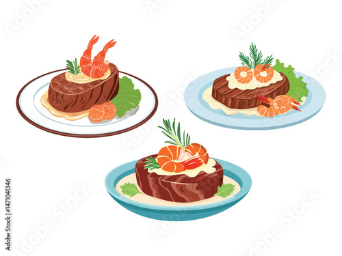 vector illustration of a Beef and Reef (Steak Topped with Prawns and Creamy Sauce)
